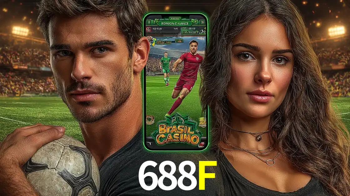 Homem segurando uma bola de futebol e uma mulher ao lado de um smartphone exibindo o jogo de apostas esportivas da 688F. Faça seu palpite no cassino online.